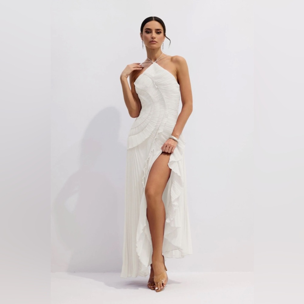 White Halter Midi Dress with Side Slit